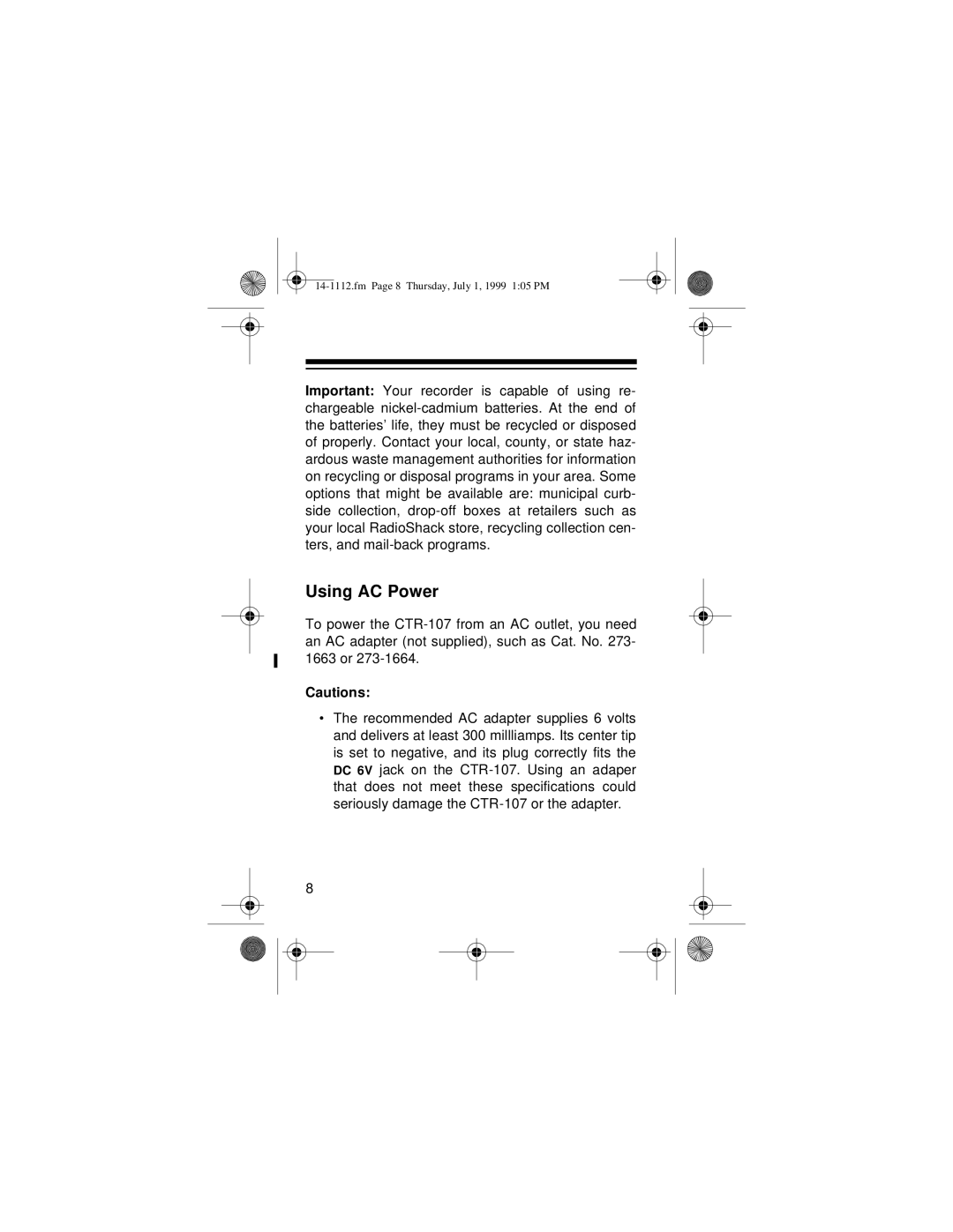 Optimus CTR-107 owner manual Using AC Power 