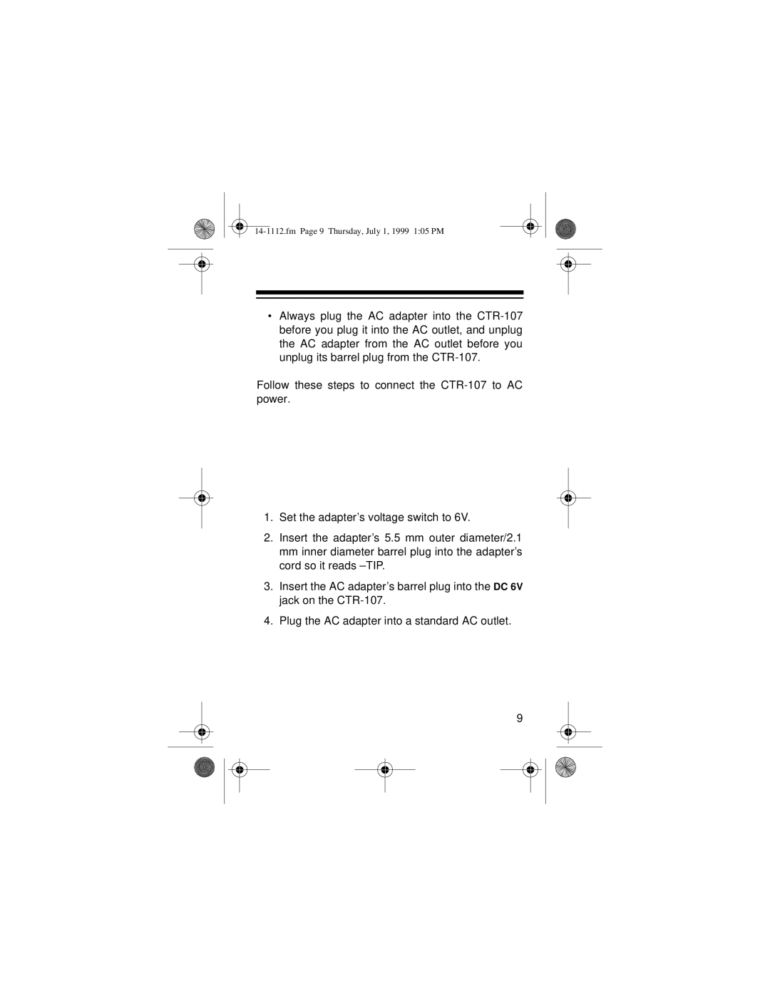 Optimus CTR-107 owner manual Fm Page 9 Thursday, July 1, 1999 105 PM 