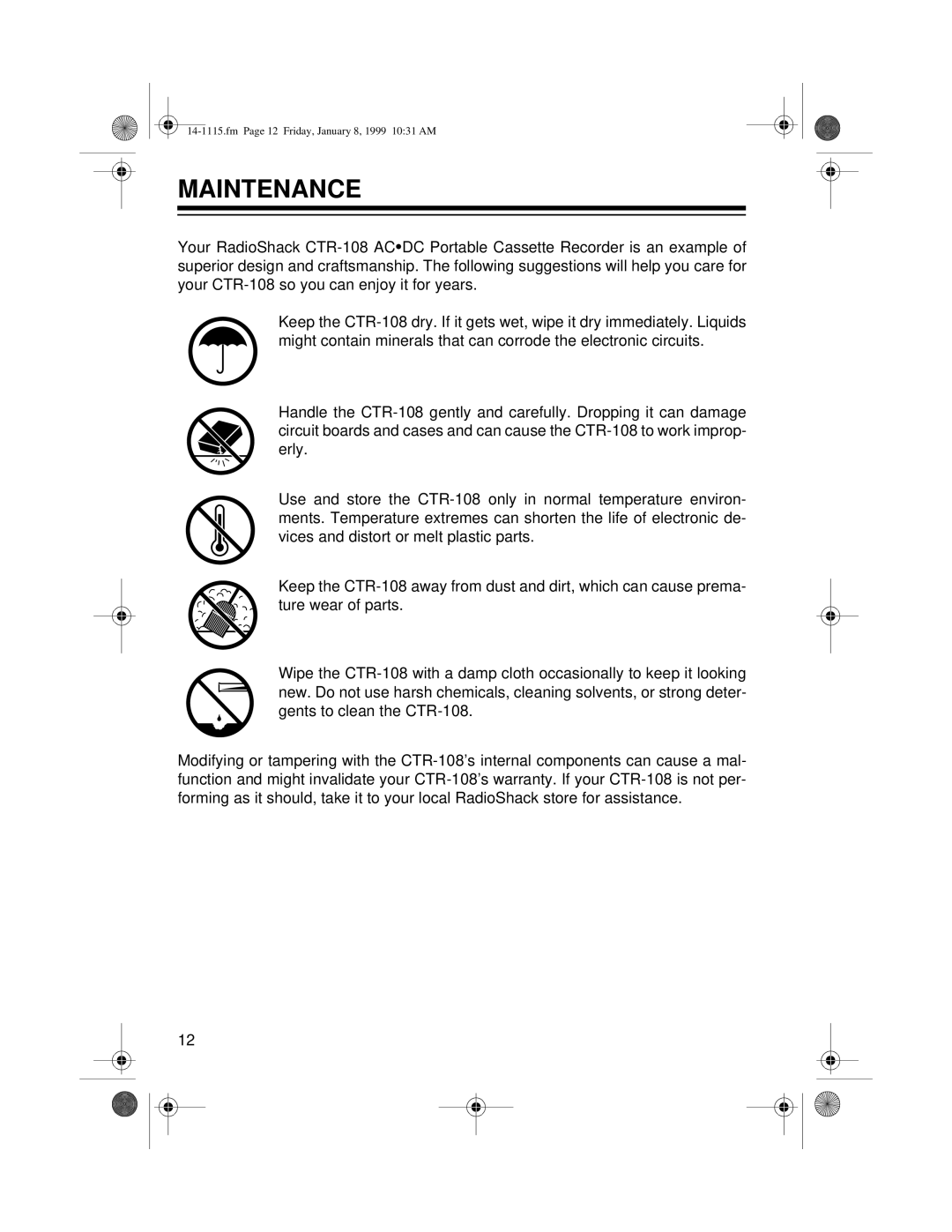 Optimus CTR-108 owner manual Maintenance 