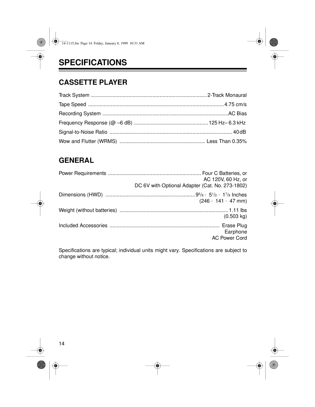 Optimus CTR-108 owner manual Specifications, Cassette Player, General 