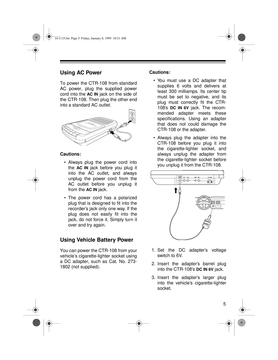 Optimus CTR-108 owner manual Using AC Power, Using Vehicle Battery Power 