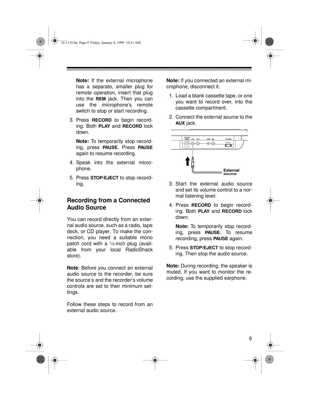 Optimus CTR-108 owner manual Recording from a Connected Audio Source 