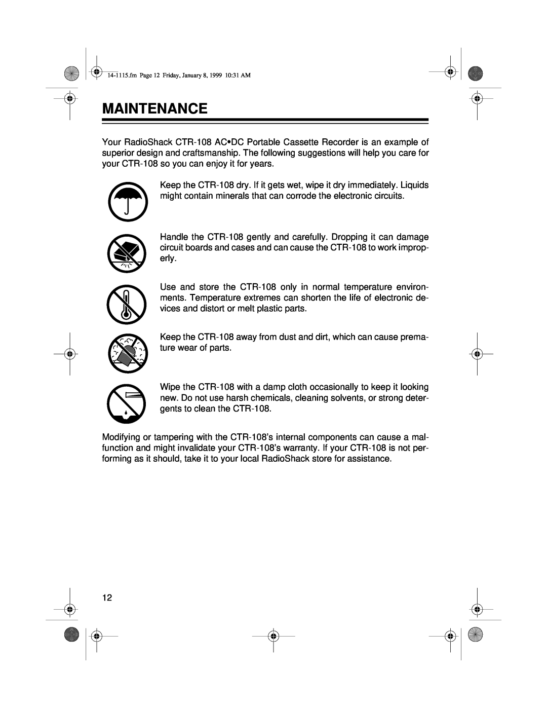 Optimus CTR-108 owner manual Maintenance 