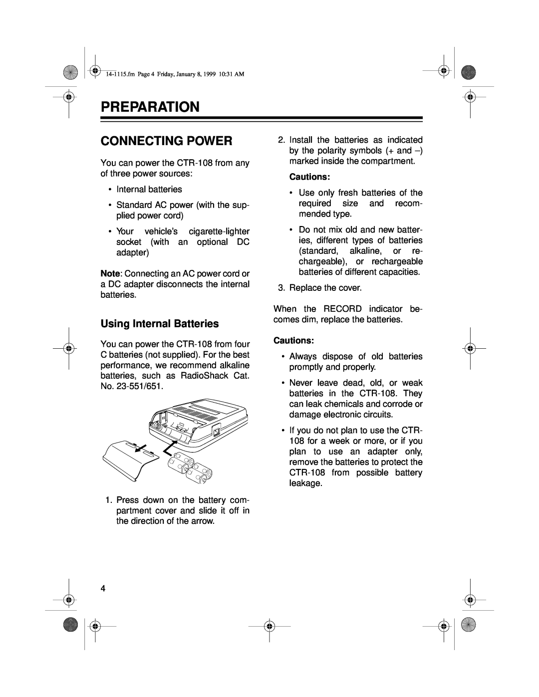Optimus CTR-108 owner manual Preparation, Connecting Power, Using Internal Batteries 