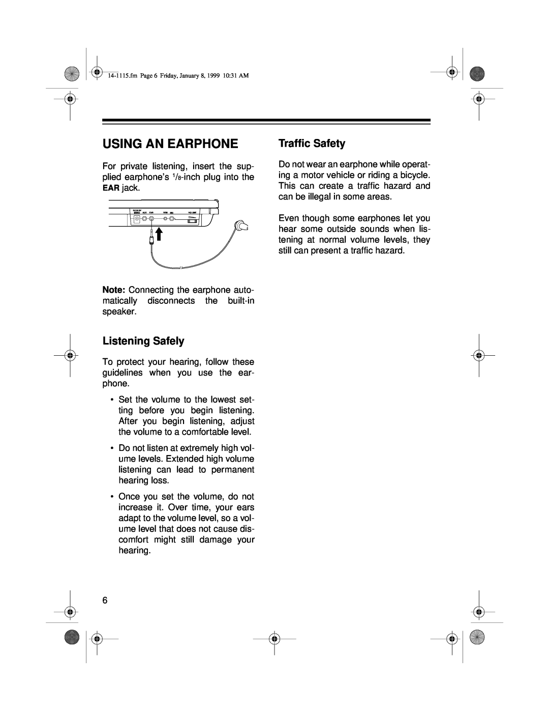 Optimus CTR-108 owner manual Using An Earphone, Listening Safely, Traffic Safety 