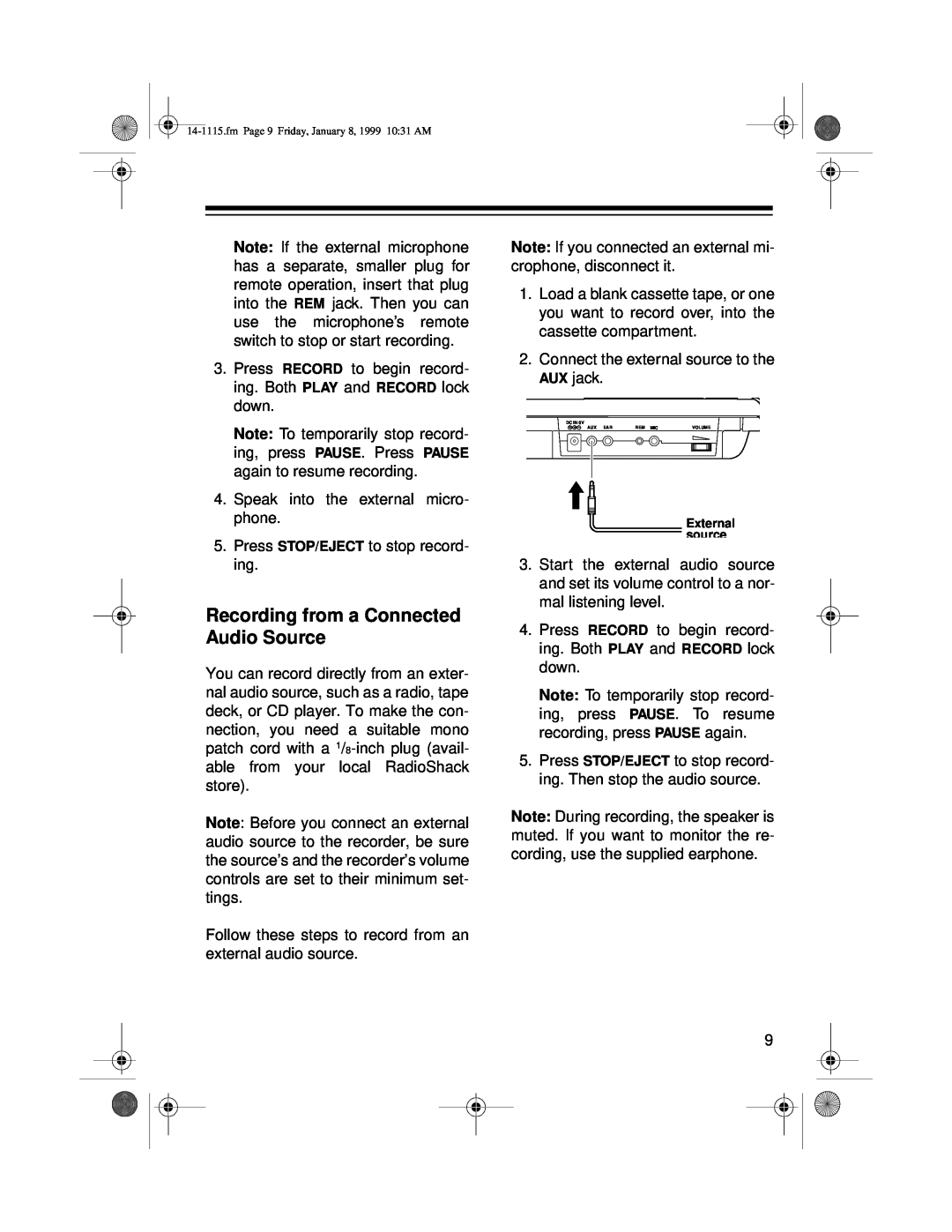 Optimus CTR-108 owner manual Recording from a Connected Audio Source 
