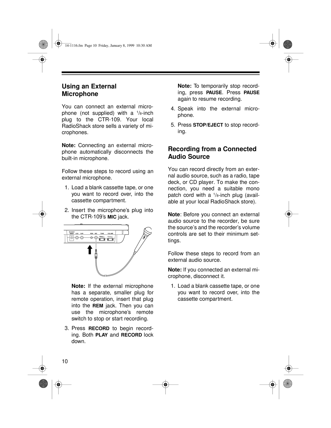 Optimus CTR-109 owner manual Using an External Microphone, Recording from a Connected Audio Source 