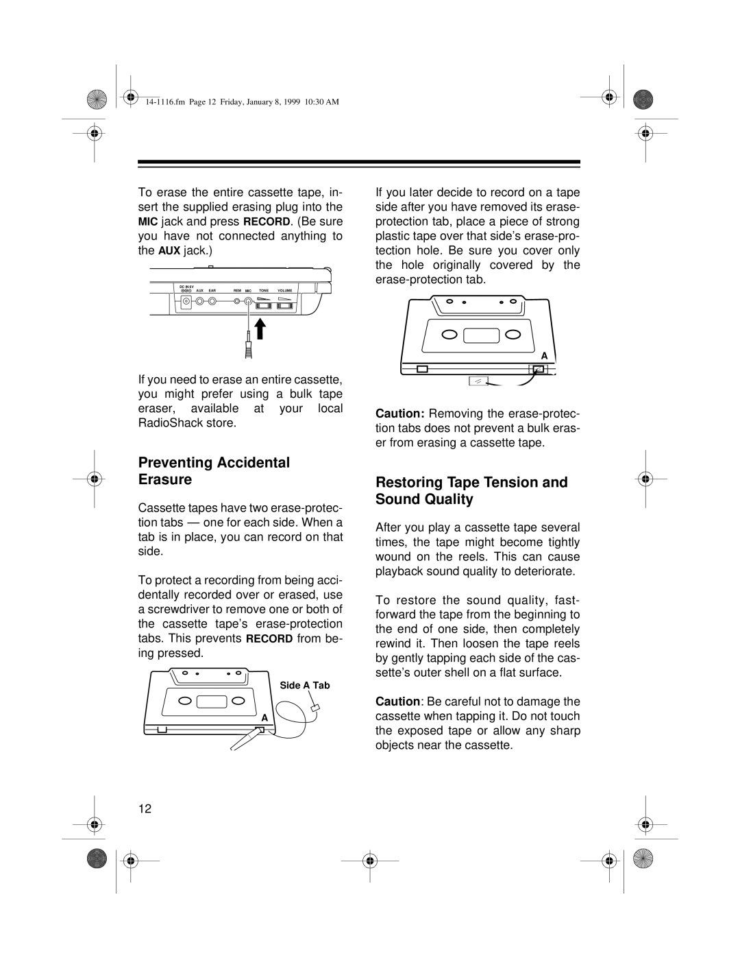 Optimus CTR-109 owner manual Preventing Accidental Erasure, Restoring Tape Tension and Sound Quality 