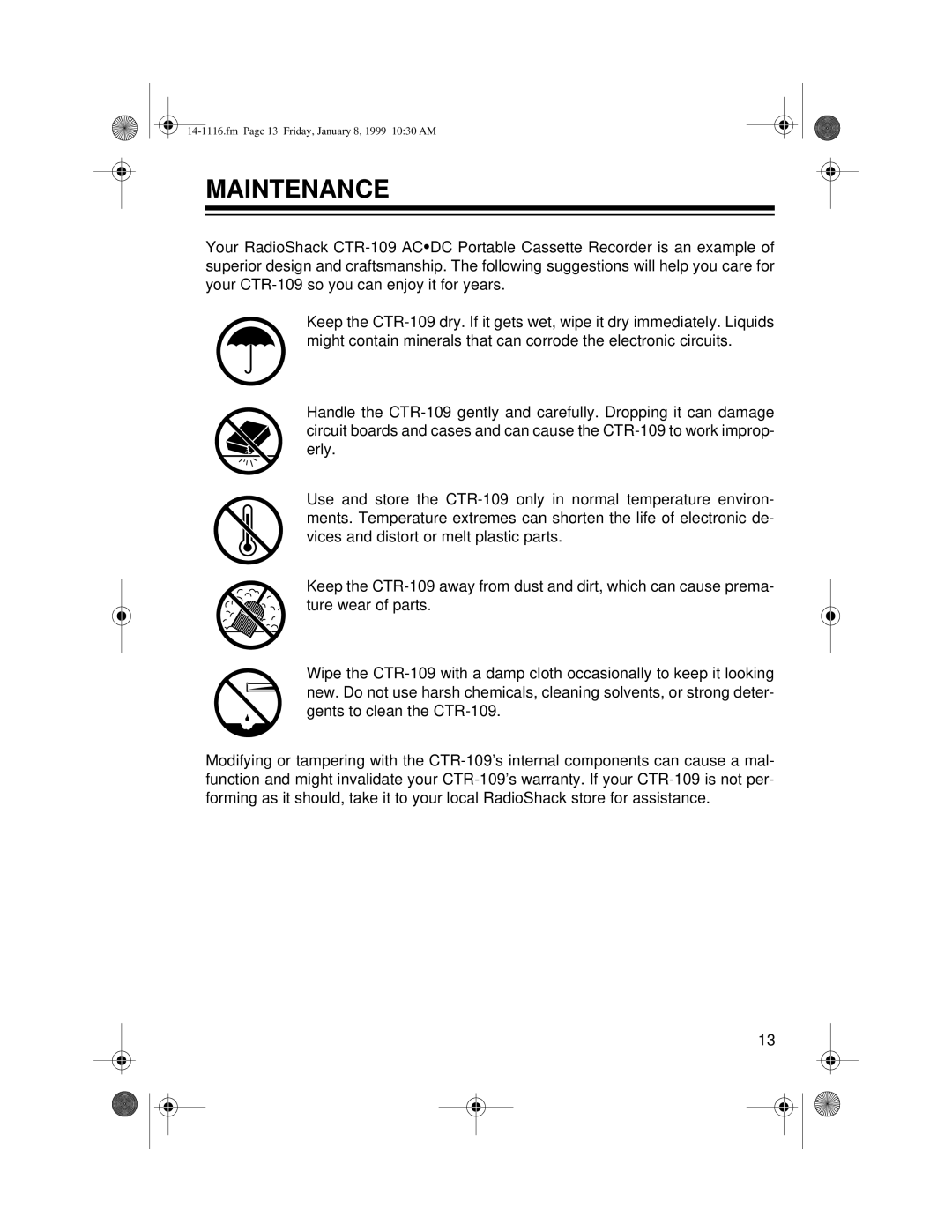 Optimus CTR-109 owner manual Maintenance 