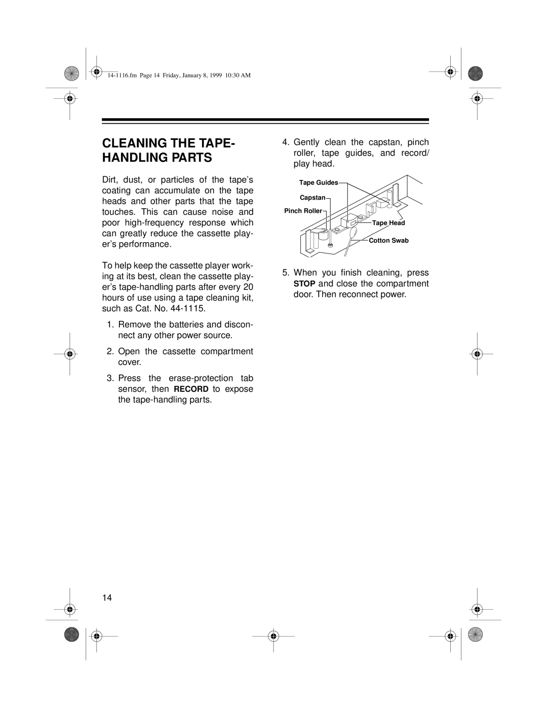 Optimus CTR-109 owner manual Cleaning the TAPE- Handling Parts 