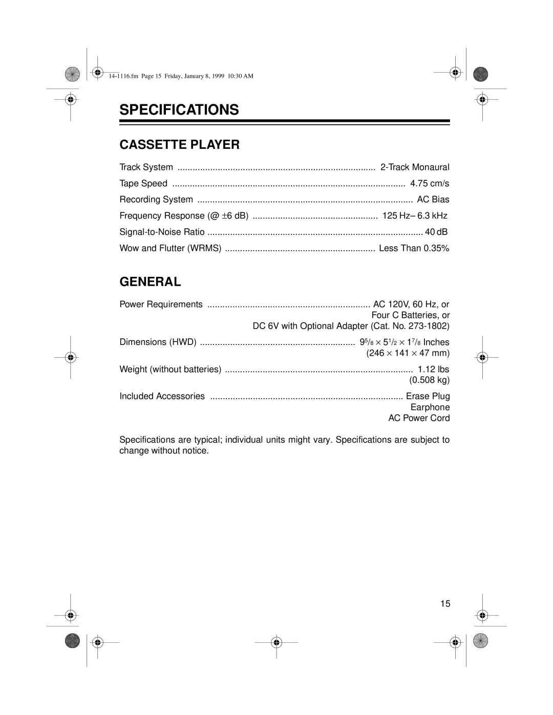 Optimus CTR-109 owner manual Specifications, Cassette Player, General 