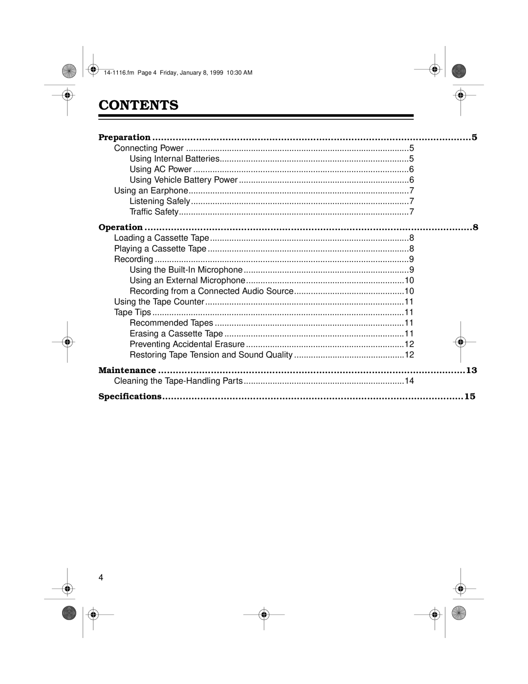 Optimus CTR-109 owner manual Contents 