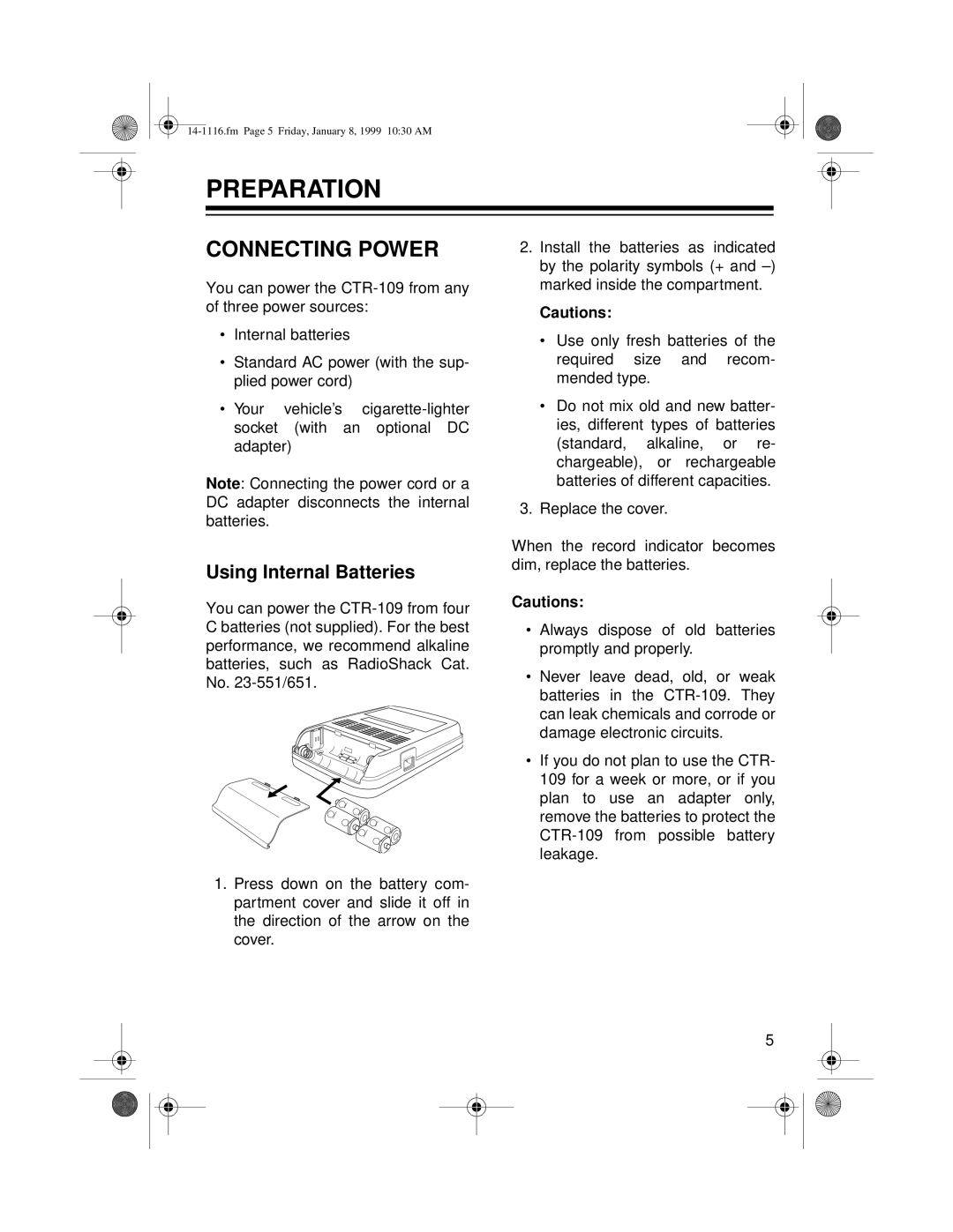 Optimus CTR-109 owner manual Preparation, Connecting Power, Using Internal Batteries 