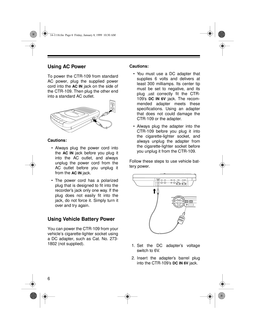 Optimus CTR-109 owner manual Using AC Power, Using Vehicle Battery Power 