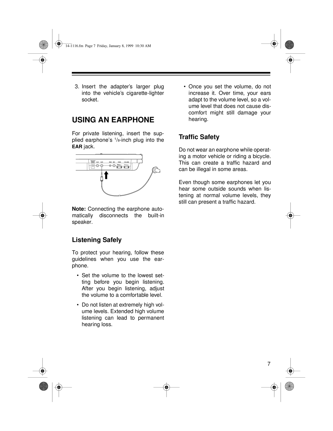 Optimus CTR-109 owner manual Using AN Earphone, Traffic Safety, Listening Safely 