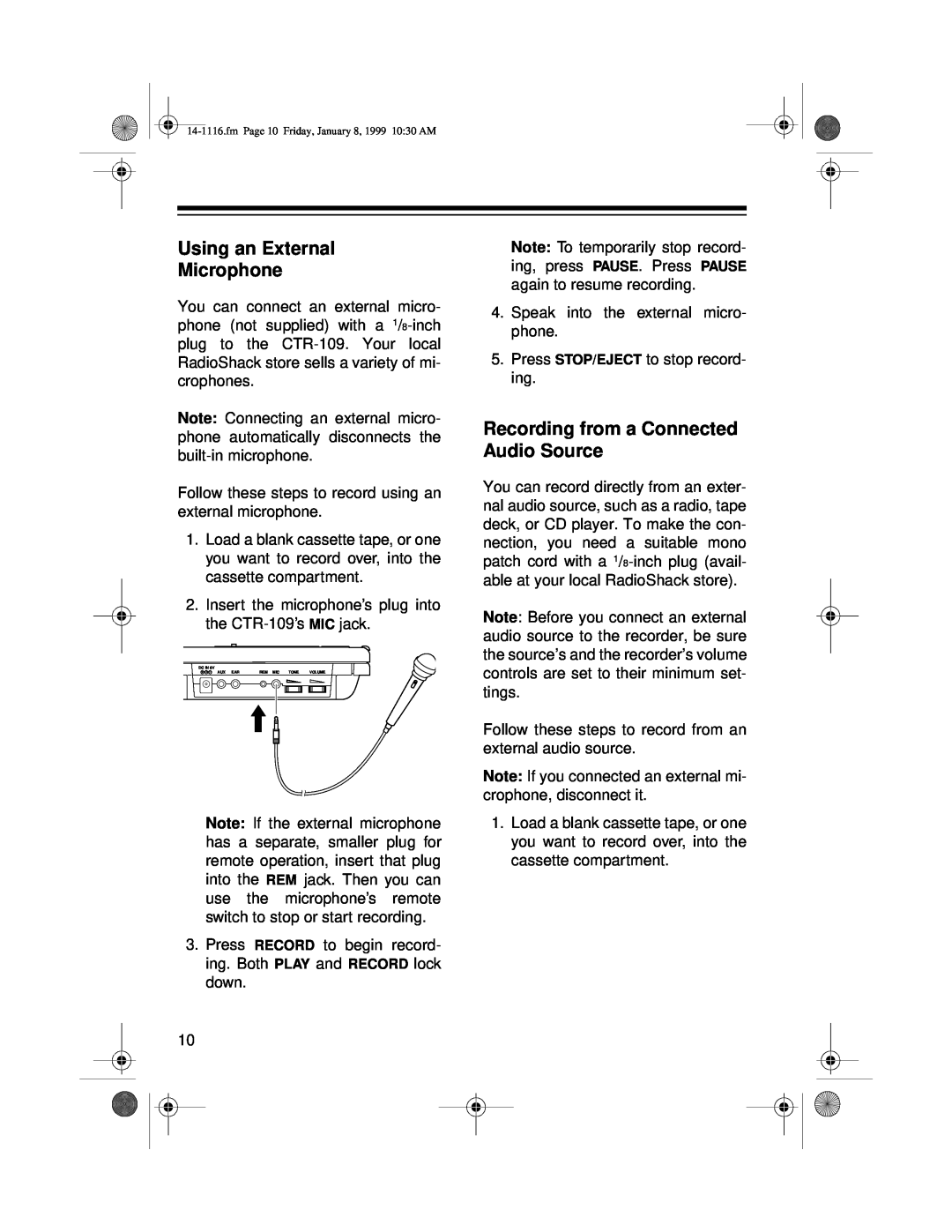 Optimus CTR-109 owner manual Using an External Microphone, Recording from a Connected Audio Source 