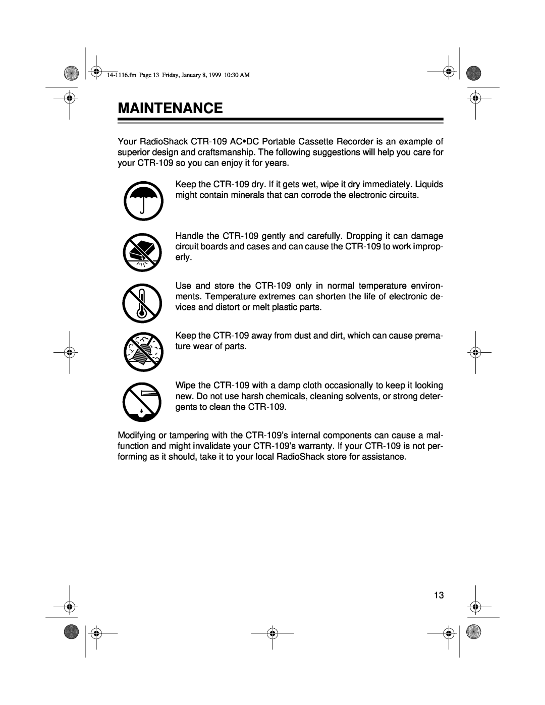 Optimus CTR-109 owner manual Maintenance, fm Page 13 Friday, January 8, 1999 1030 AM 