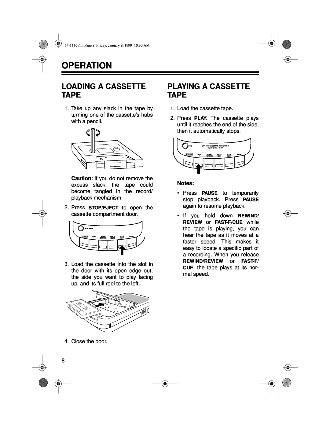 Optimus CTR-109 owner manual Operation, Loading A Cassette Tape, Playing A Cassette Tape 