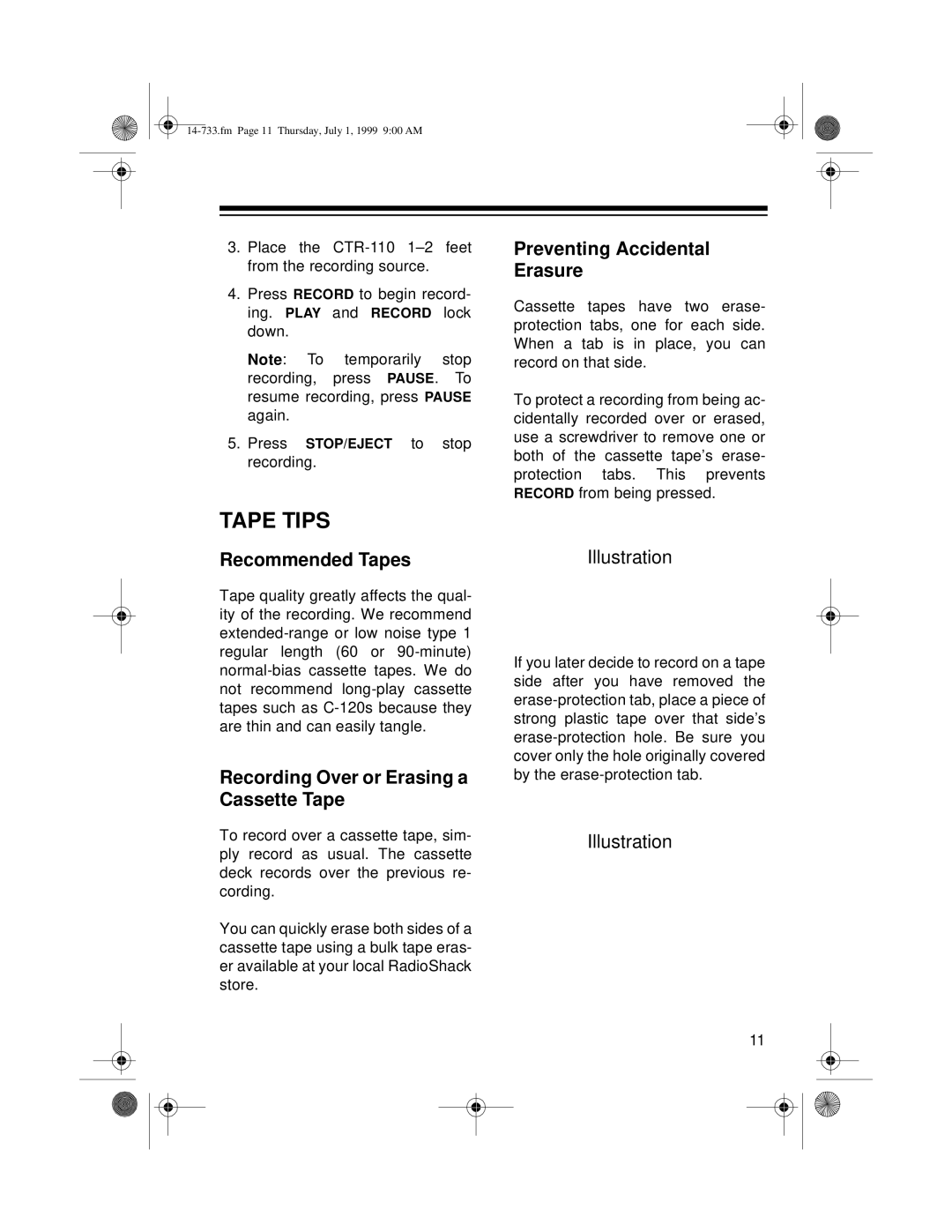 Optimus CTR-110 Tape Tips, Recommended Tapes, Recording Over or Erasing a Cassette Tape, Preventing Accidental Erasure 