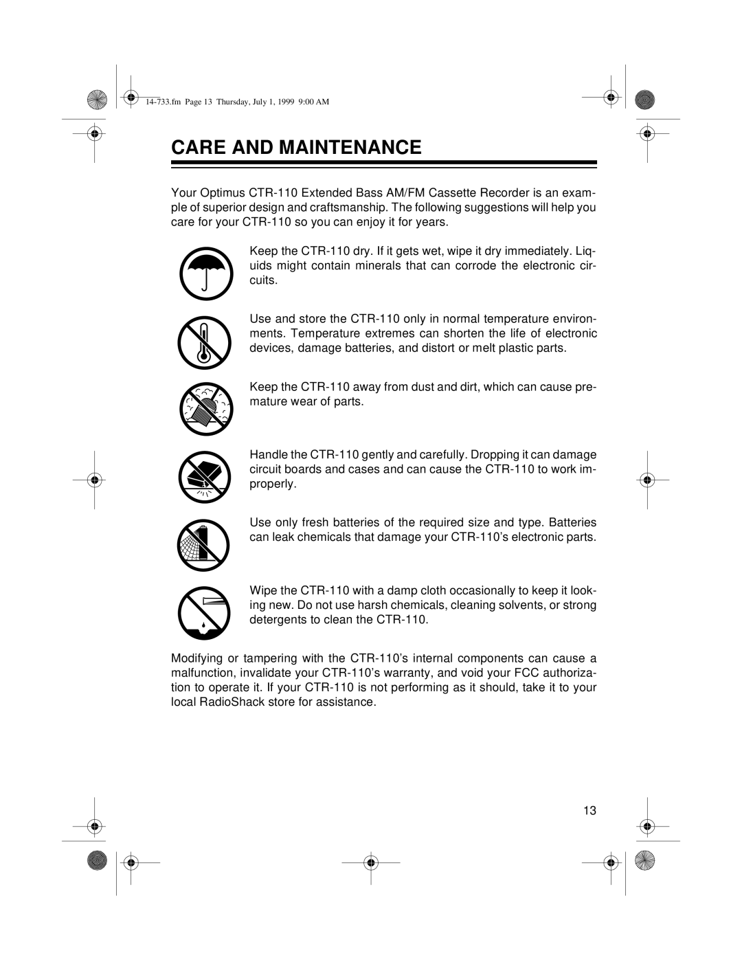 Optimus CTR-110 owner manual Care and Maintenance 