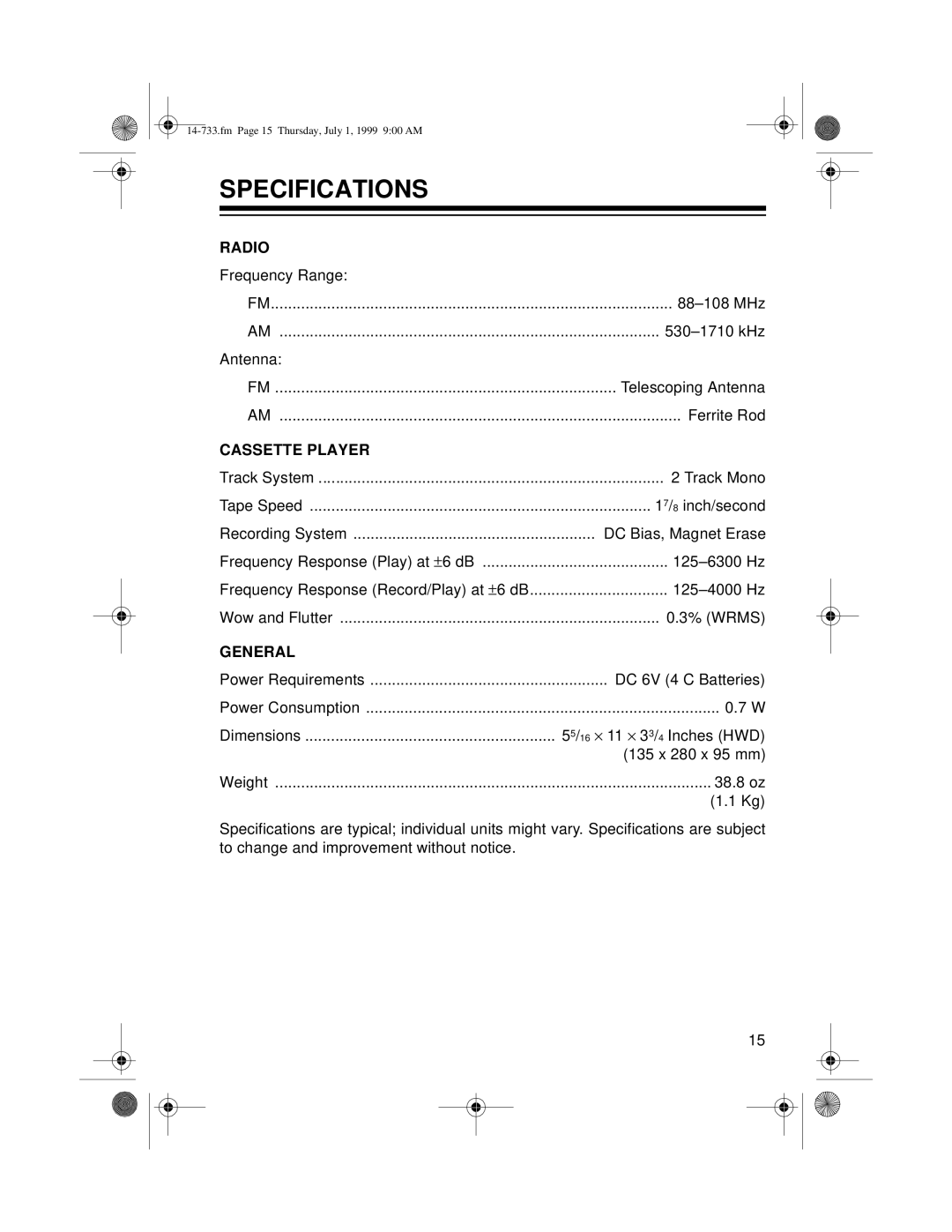 Optimus CTR-110 owner manual Specifications, Cassette Player 