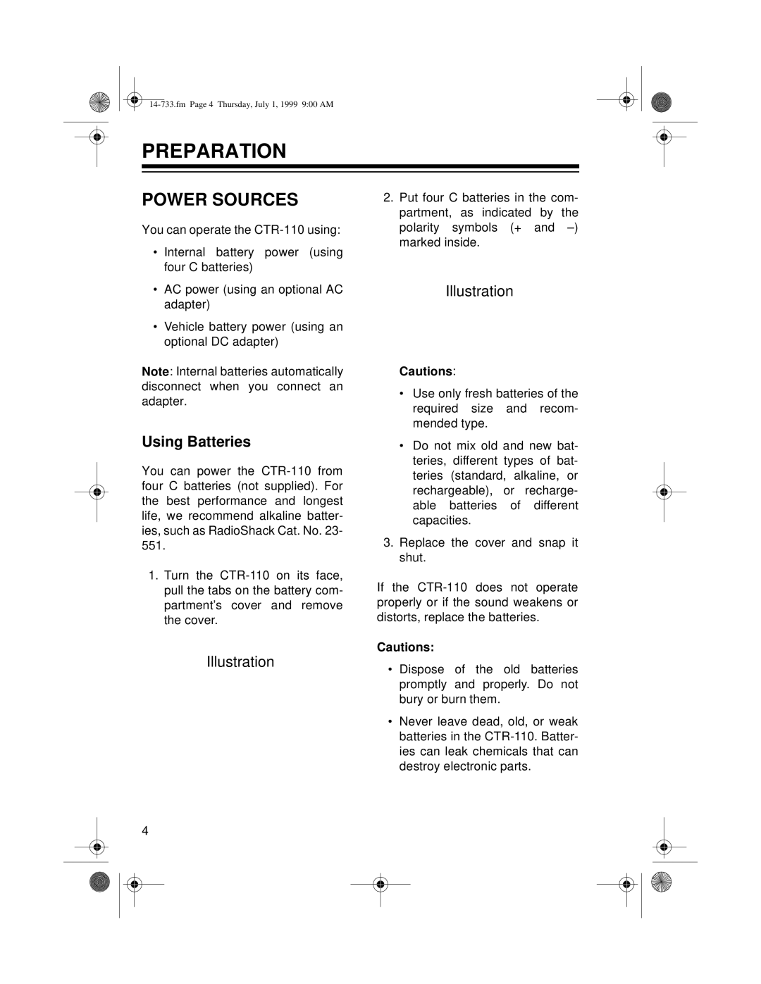 Optimus CTR-110 owner manual Preparation, Power Sources, Using Batteries 