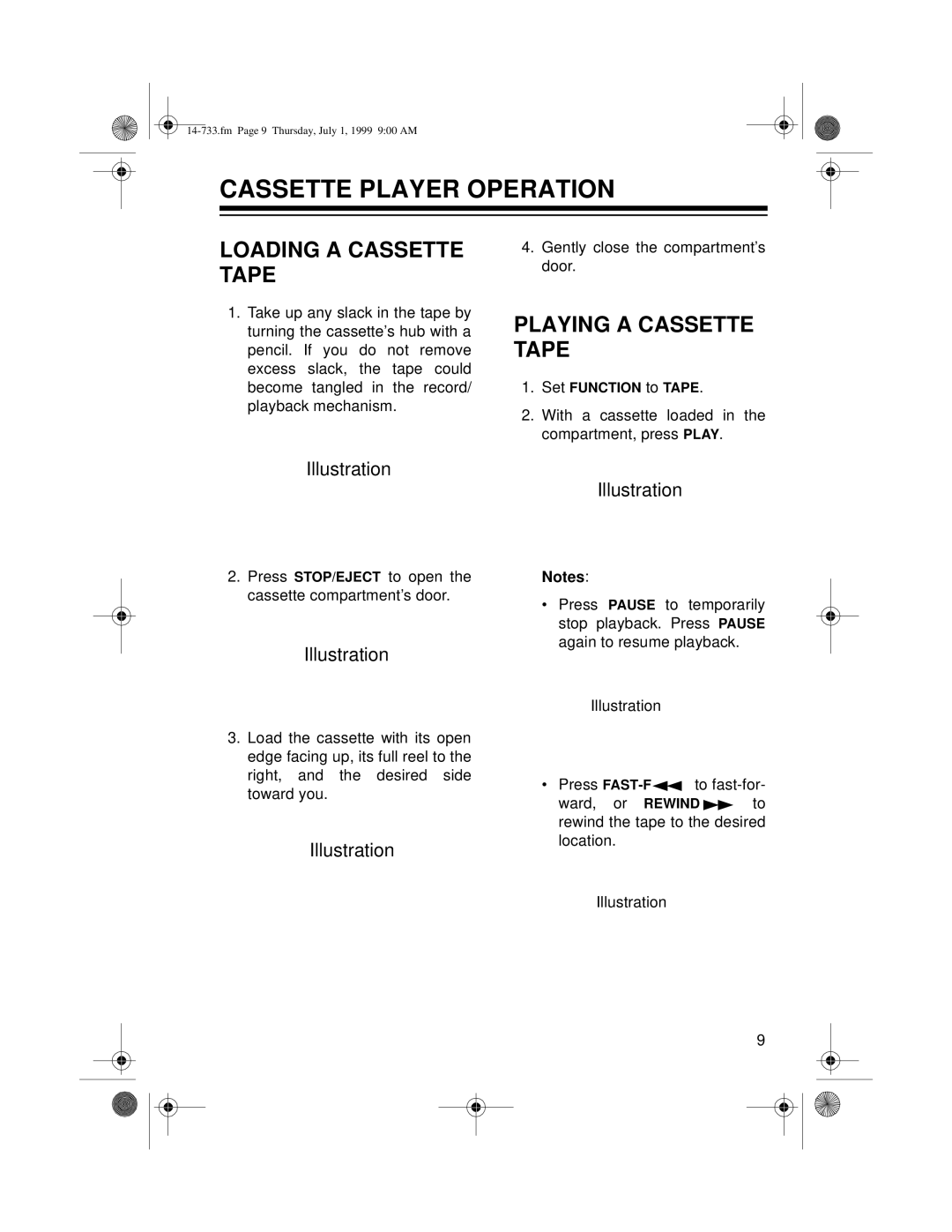 Optimus CTR-110 Cassette Player Operation, Loading A Cassette Tape, Playing A Cassette Tape, Illustration Illustration 