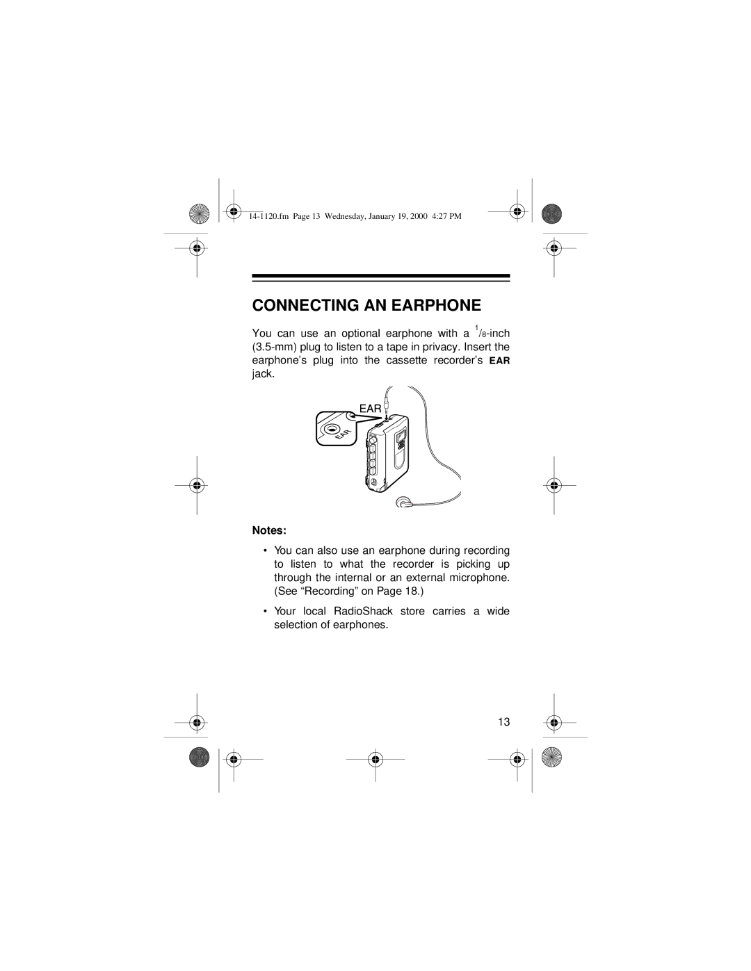 Optimus CTR-114 owner manual Connecting AN Earphone 