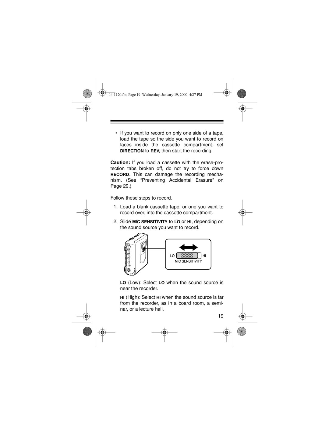 Optimus CTR-114 owner manual Fm Page 19 Wednesday, January 19, 2000 427 PM 