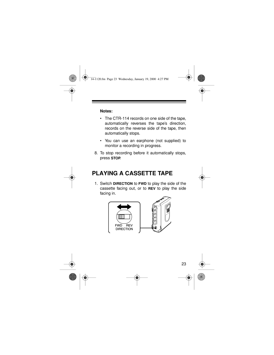 Optimus CTR-114 owner manual Playing a Cassette Tape 