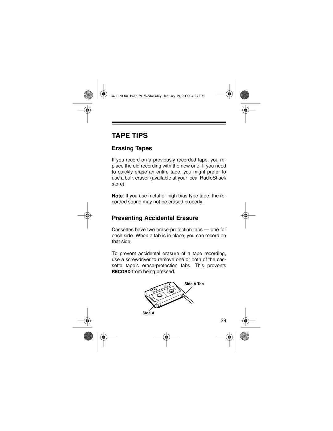 Optimus CTR-114 owner manual Tape Tips, Erasing Tapes, Preventing Accidental Erasure 