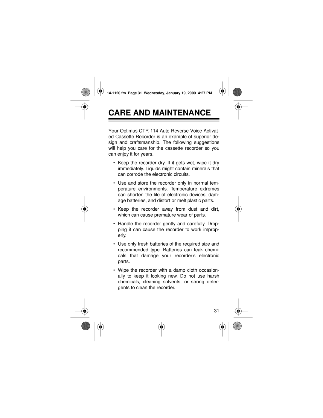 Optimus CTR-114 owner manual Care and Maintenance 