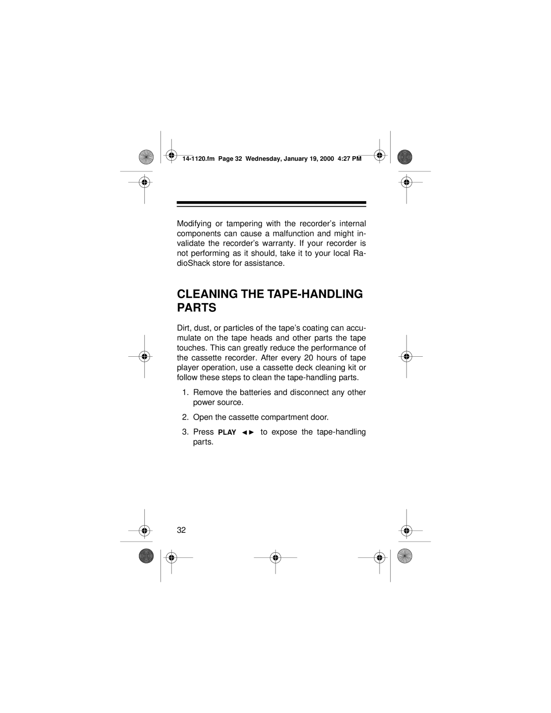 Optimus CTR-114 owner manual Cleaning the TAPE-HANDLING Parts 