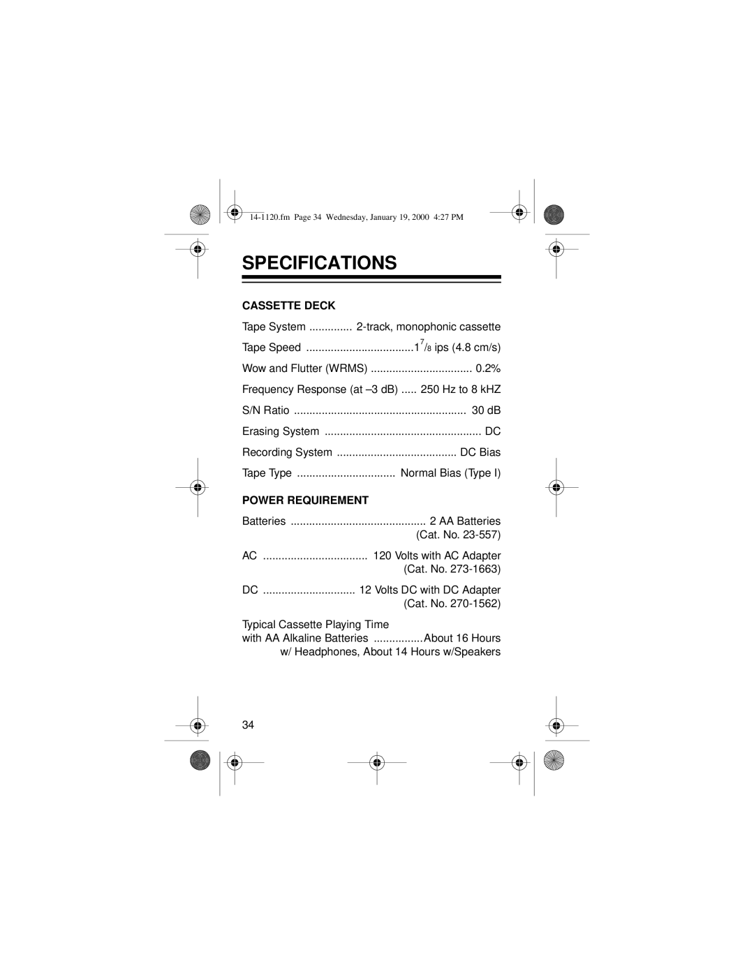 Optimus CTR-114 owner manual Specifications, Cassette Deck 