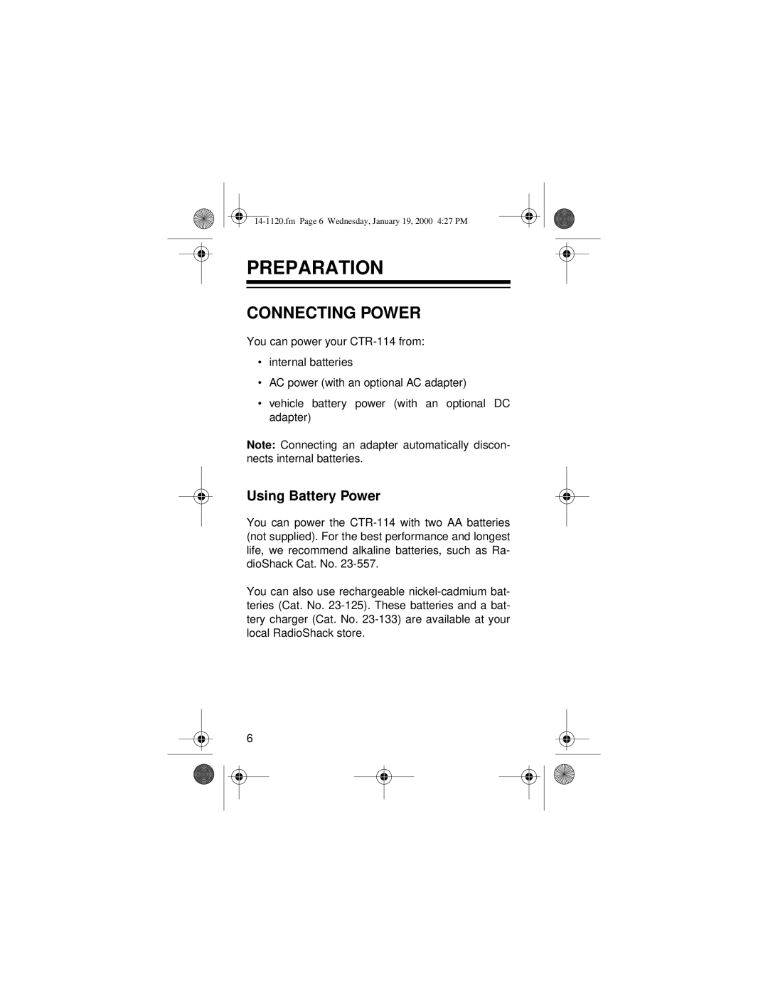 Optimus CTR-114 owner manual Preparation, Connecting Power, Using Battery Power 