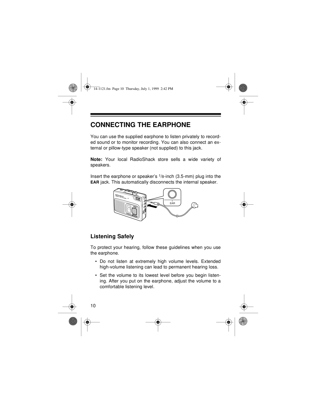 Optimus 14-1121, CTR-115, 2133-920-0-01 owner manual Connecting the Earphone, Listening Safely 