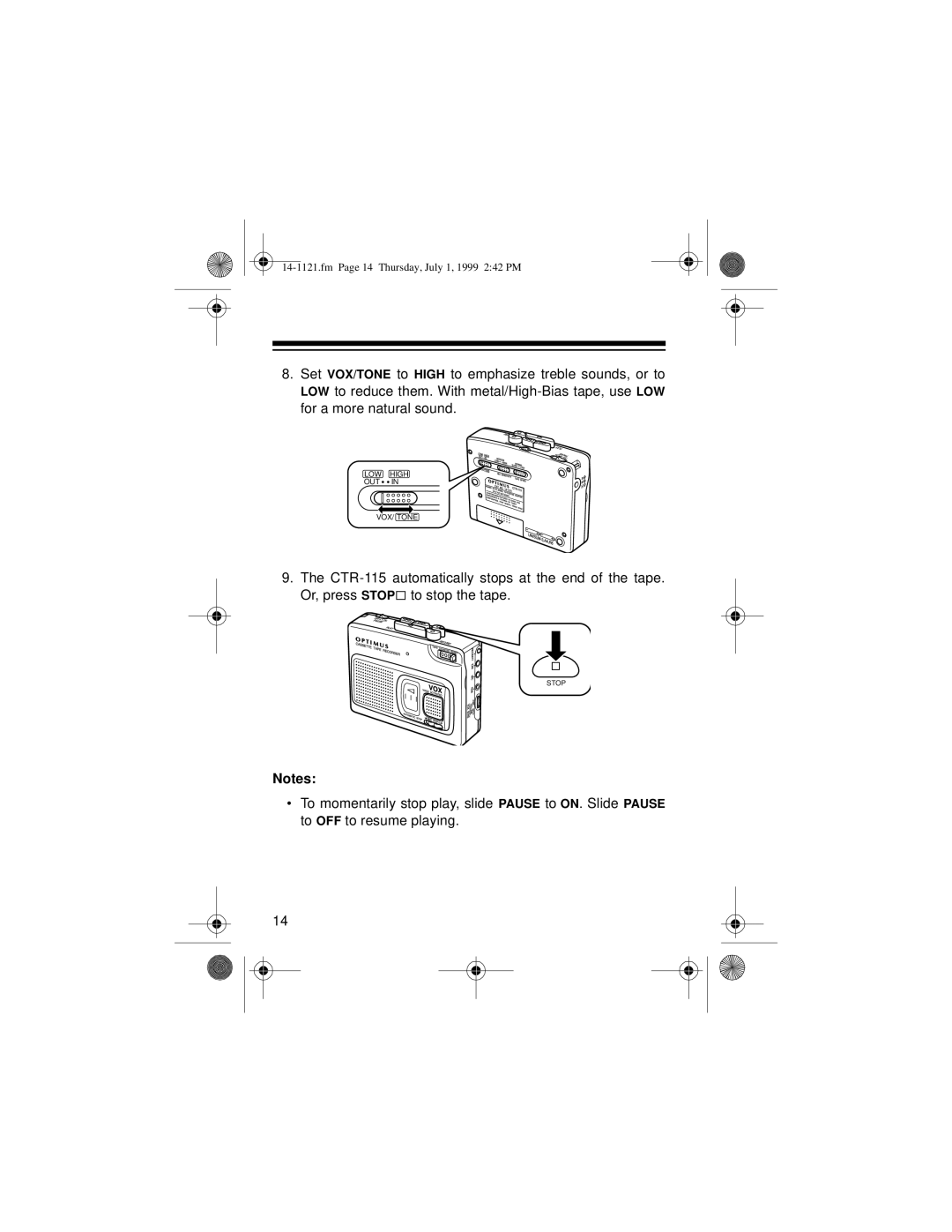 Optimus 2133-920-0-01, CTR-115, 14-1121 owner manual Fm Page 14 Thursday, July 1, 1999 242 PM 