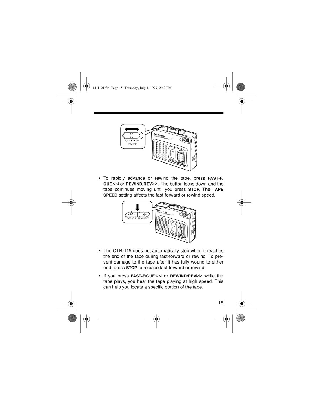 Optimus CTR-115, 14-1121, 2133-920-0-01 owner manual Fm Page 15 Thursday, July 1, 1999 242 PM 