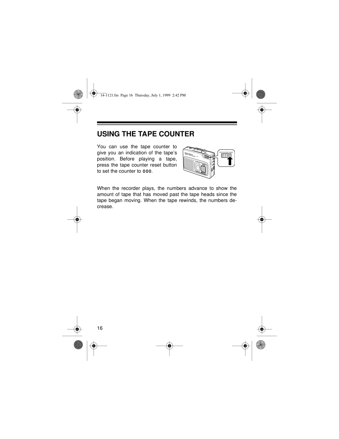 Optimus 14-1121, CTR-115, 2133-920-0-01 owner manual Using the Tape Counter 