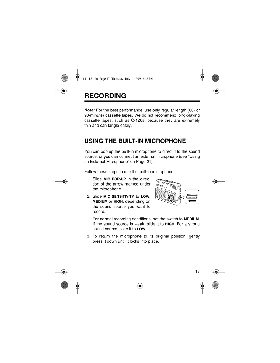 Optimus 2133-920-0-01, CTR-115, 14-1121 owner manual Recording, Using the BUILT-IN Microphone 