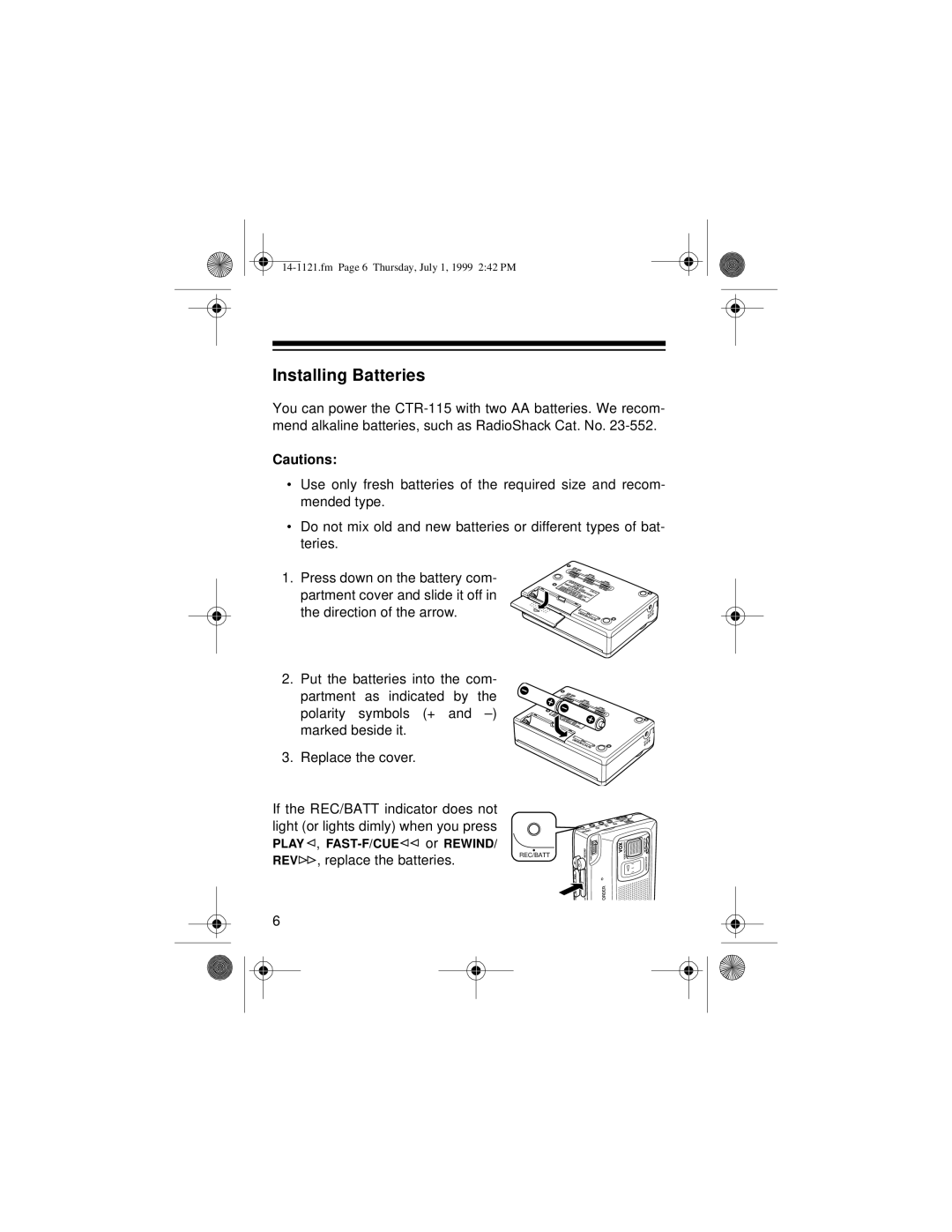 Optimus CTR-115, 14-1121, 2133-920-0-01 owner manual Installing Batteries 