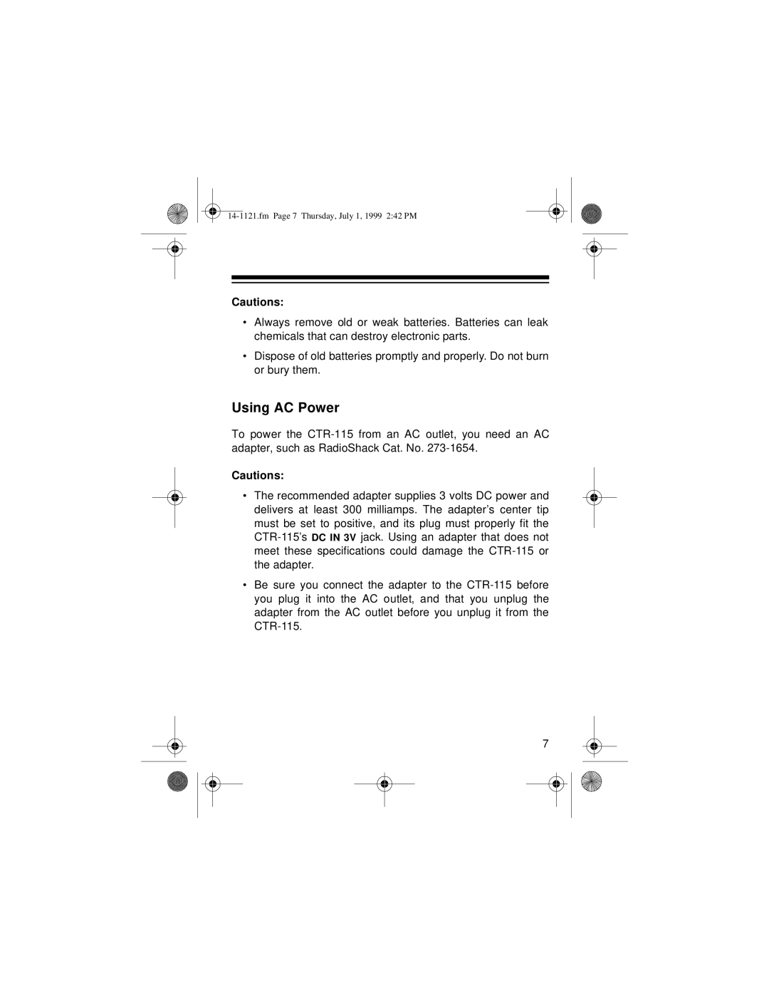 Optimus 14-1121, CTR-115, 2133-920-0-01 owner manual Using AC Power 