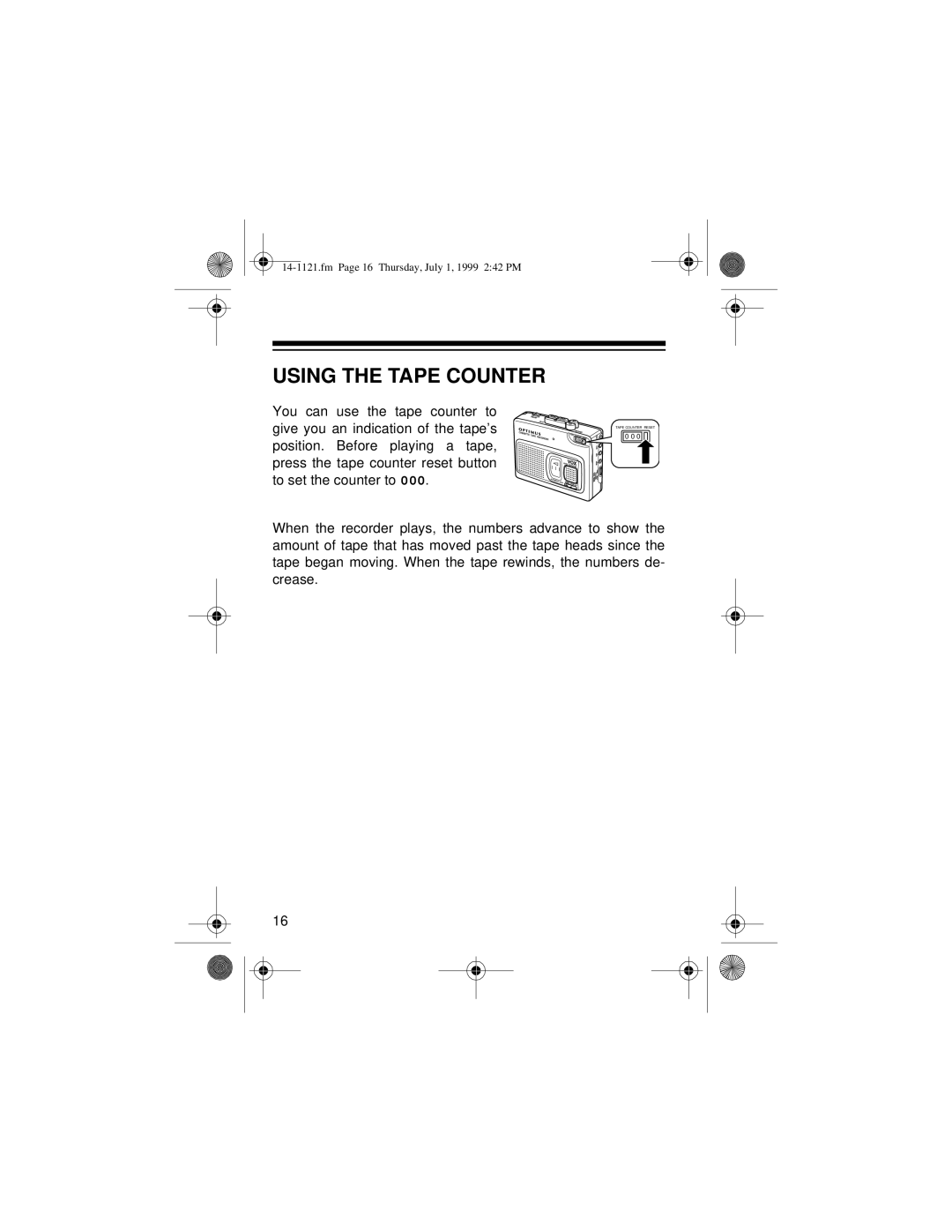 Optimus 14-1121, CTR-115, 2133-920-0-01 owner manual Using The Tape Counter 