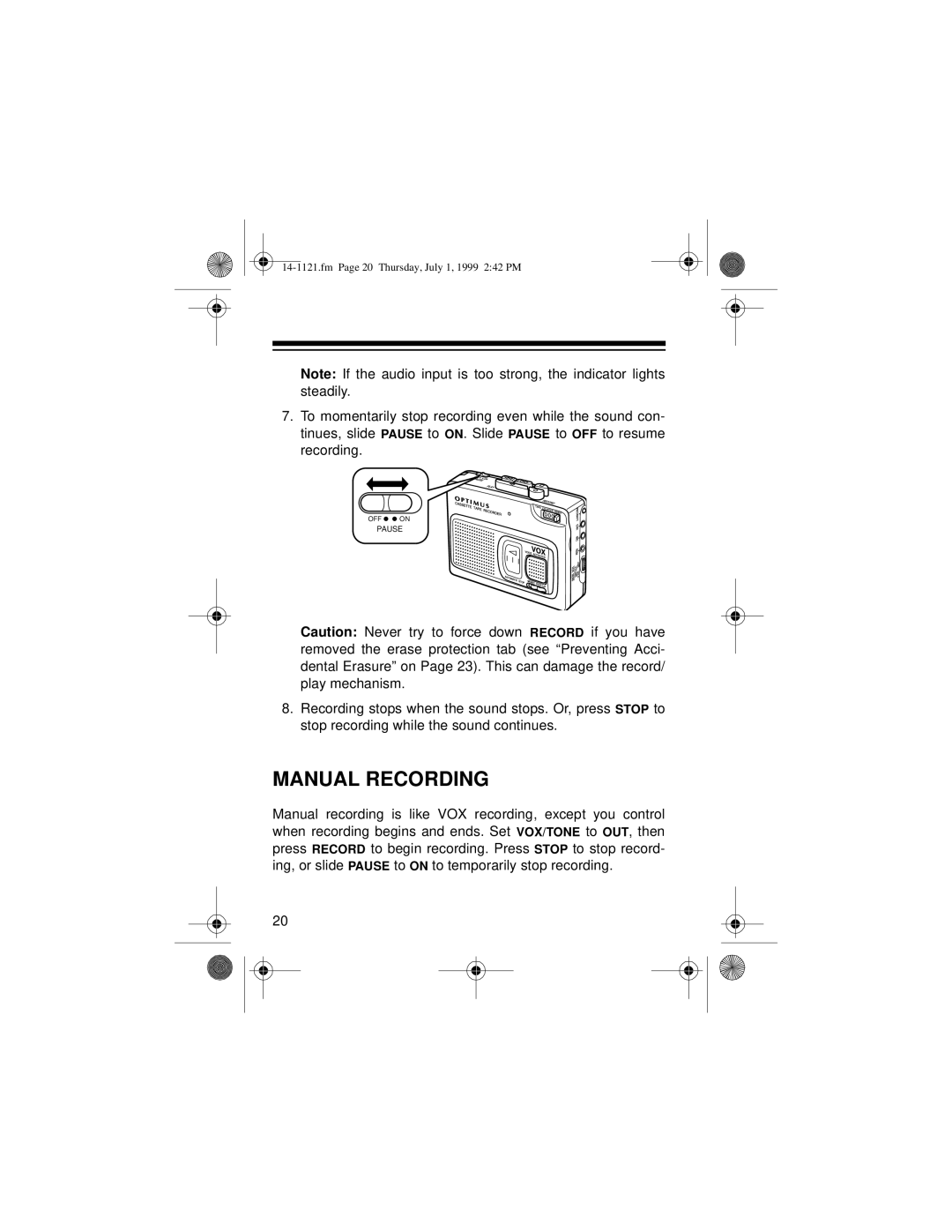 Optimus 2133-920-0-01, CTR-115, 14-1121 owner manual Manual Recording 