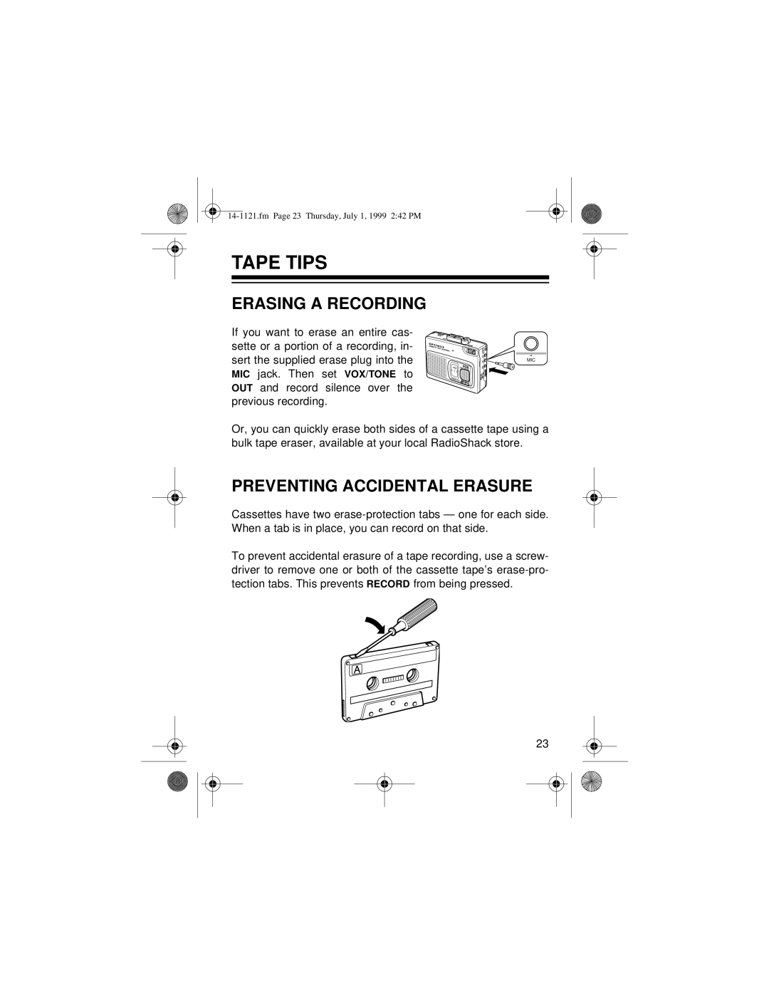Optimus 2133-920-0-01, CTR-115, 14-1121 owner manual Tape Tips, Erasing A Recording, Preventing Accidental Erasure 