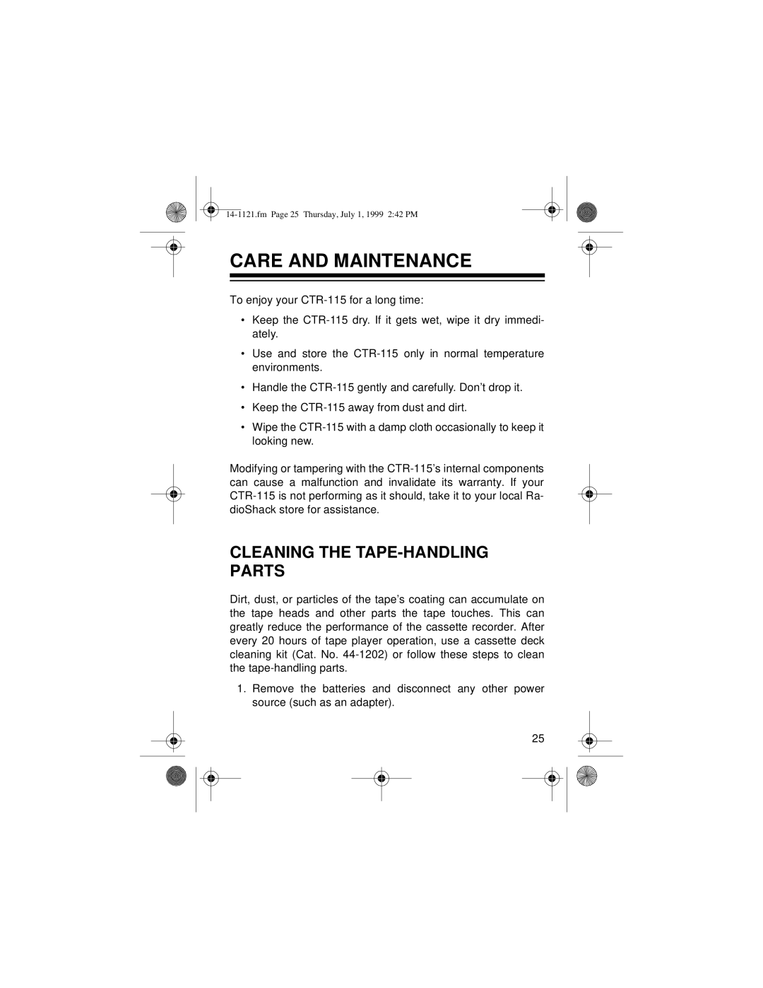 Optimus 14-1121, CTR-115, 2133-920-0-01 owner manual Care And Maintenance, Cleaning The Tape-Handlingparts 