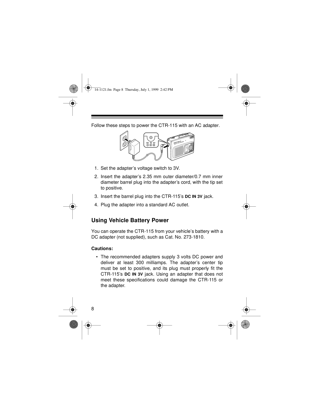 Optimus 2133-920-0-01, CTR-115, 14-1121 owner manual Using Vehicle Battery Power, Cautions 
