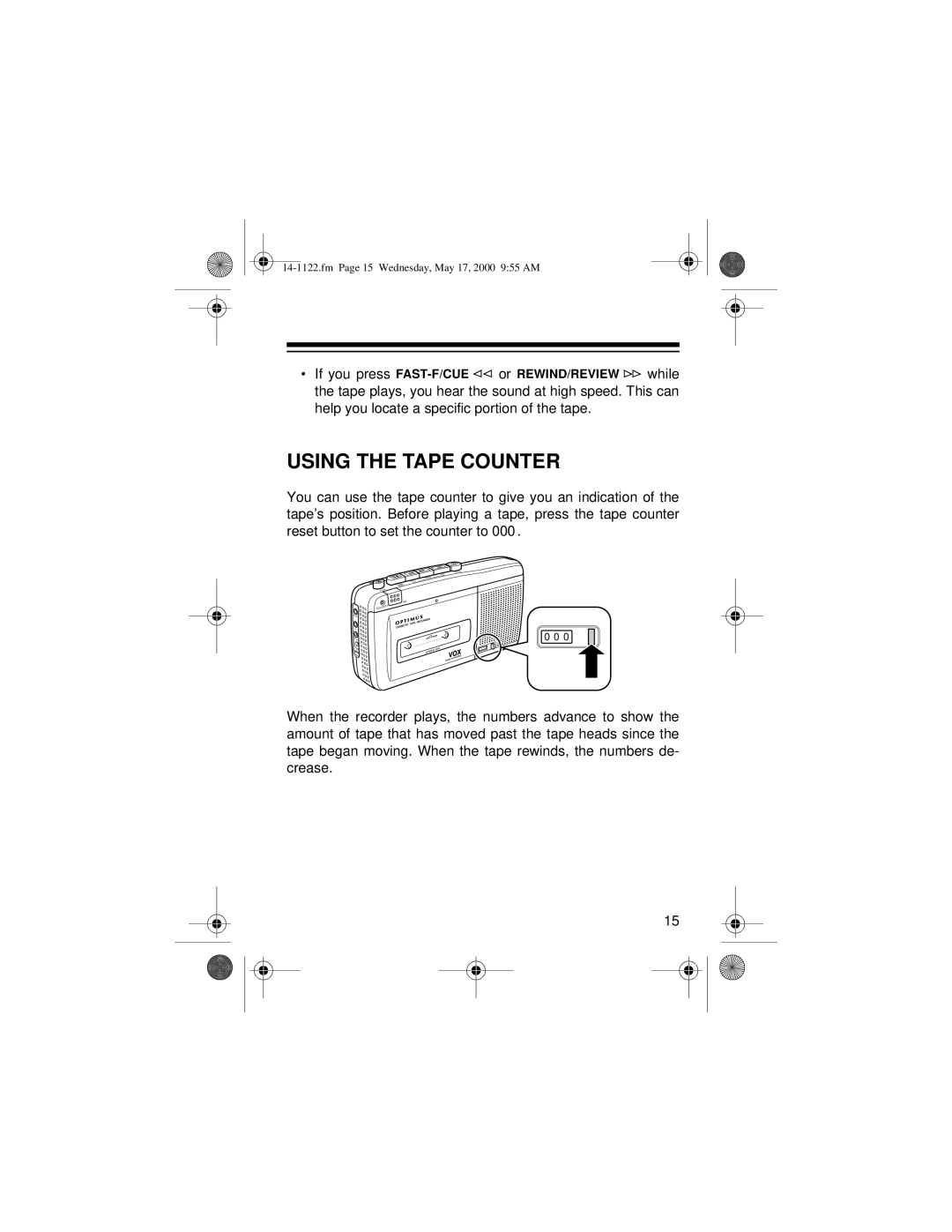 Optimus CTR-116 owner manual Using the Tape Counter 