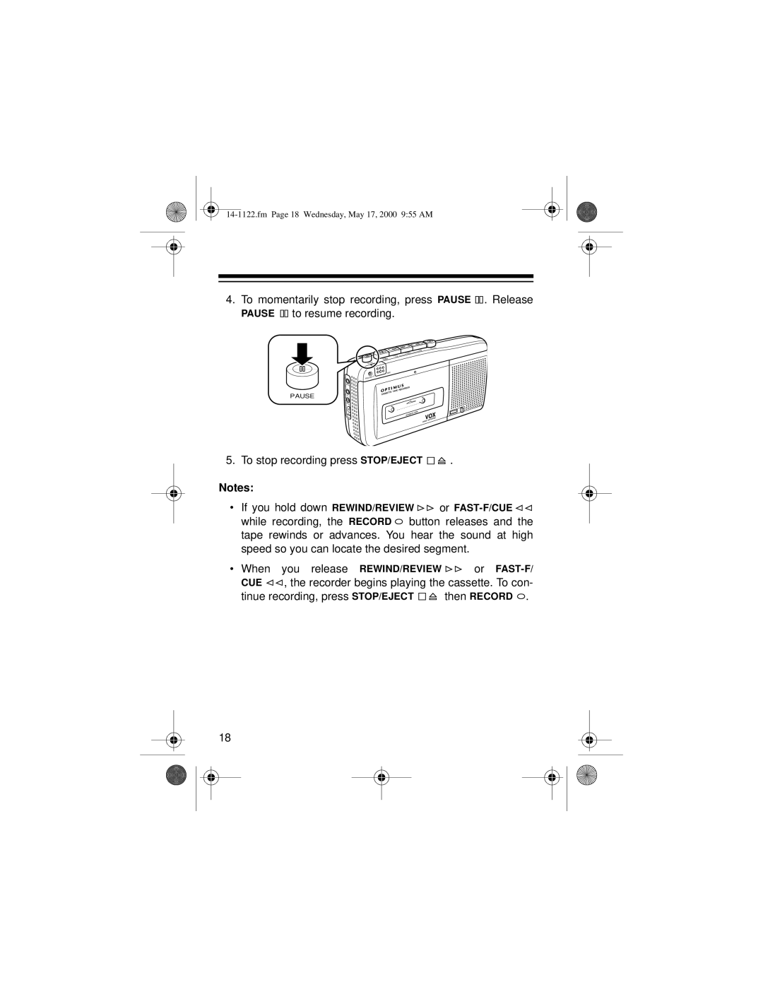 Optimus CTR-116 owner manual To stop recording press STOP/EJECT 