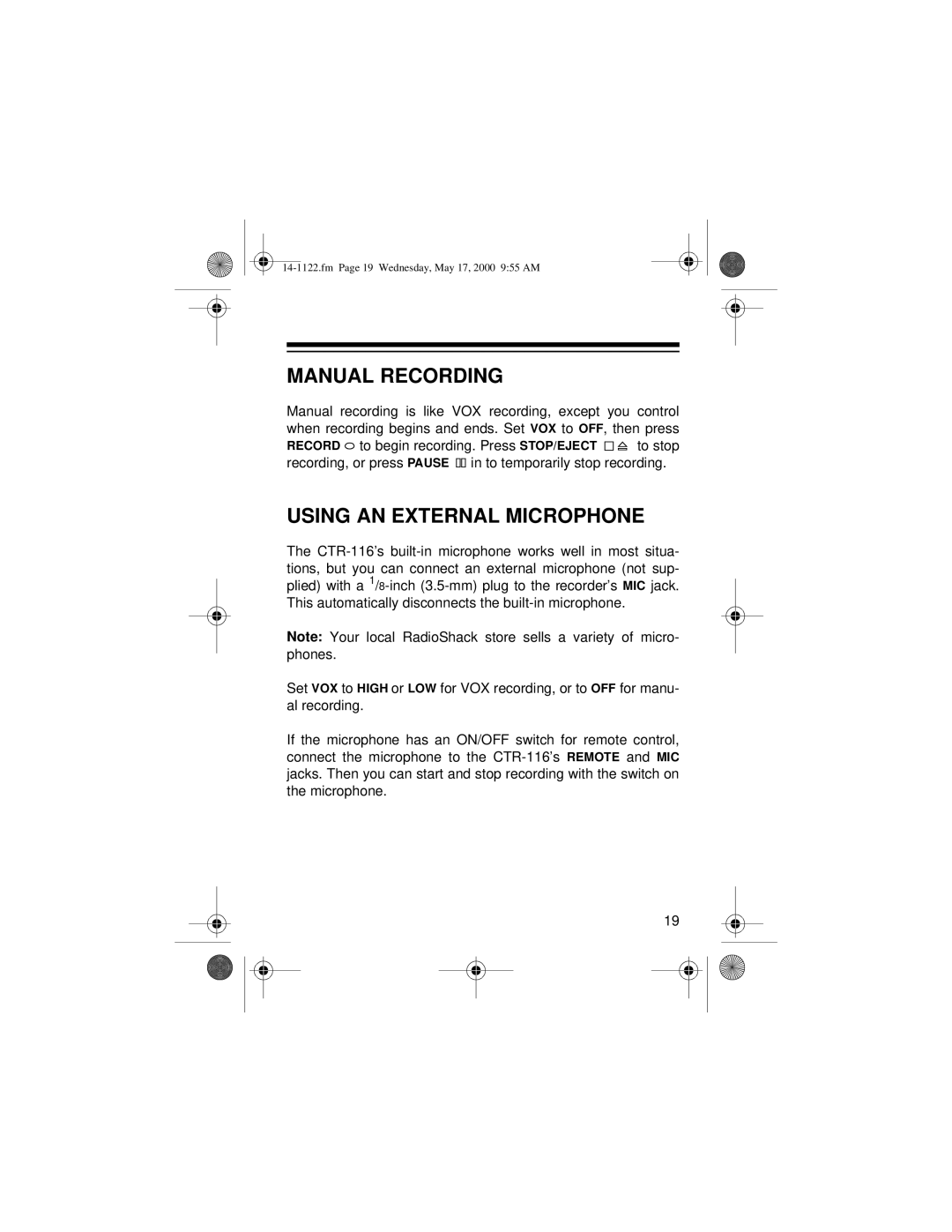 Optimus CTR-116 owner manual Manual Recording, Using AN External Microphone 